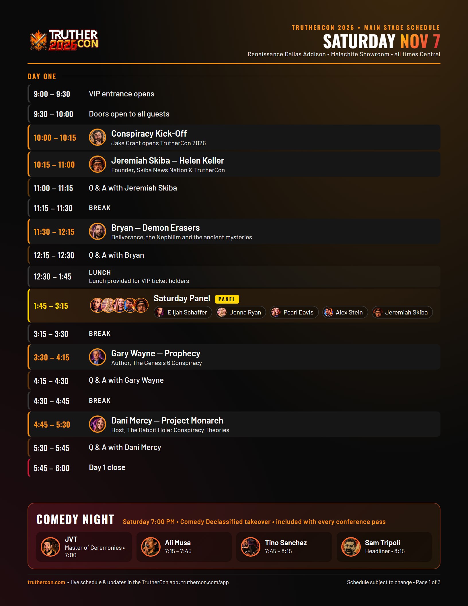 TrutherCon 2026 Saturday schedule: main stage sessions from 10:00 AM, the Saturday panel at 1:45, keynotes through the afternoon, and Comedy Night at 7:00 PM