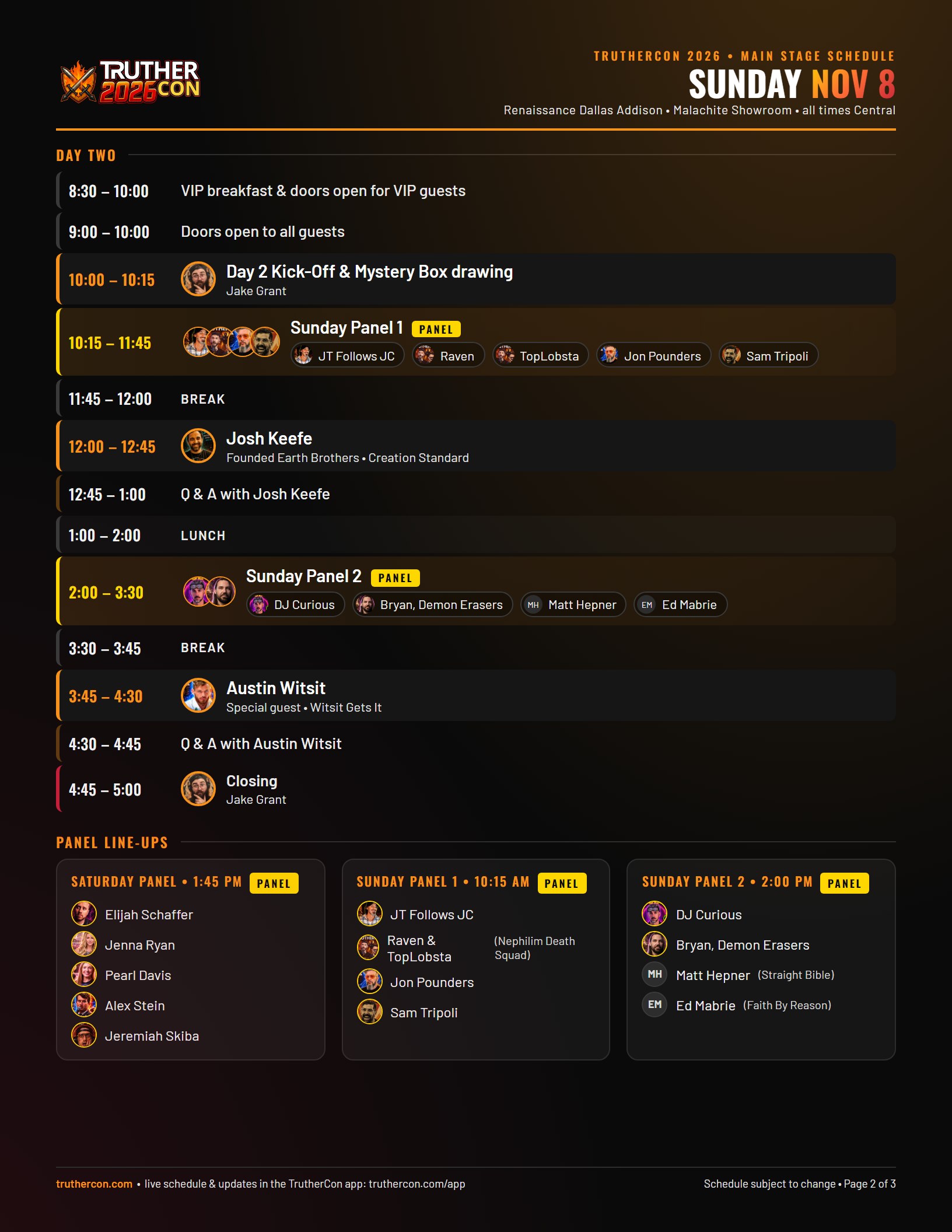 TrutherCon 2026 Sunday schedule: main stage sessions from 10:00 AM, two Sunday panels, keynotes, and the closing at 5:00 PM, with the panel line-ups